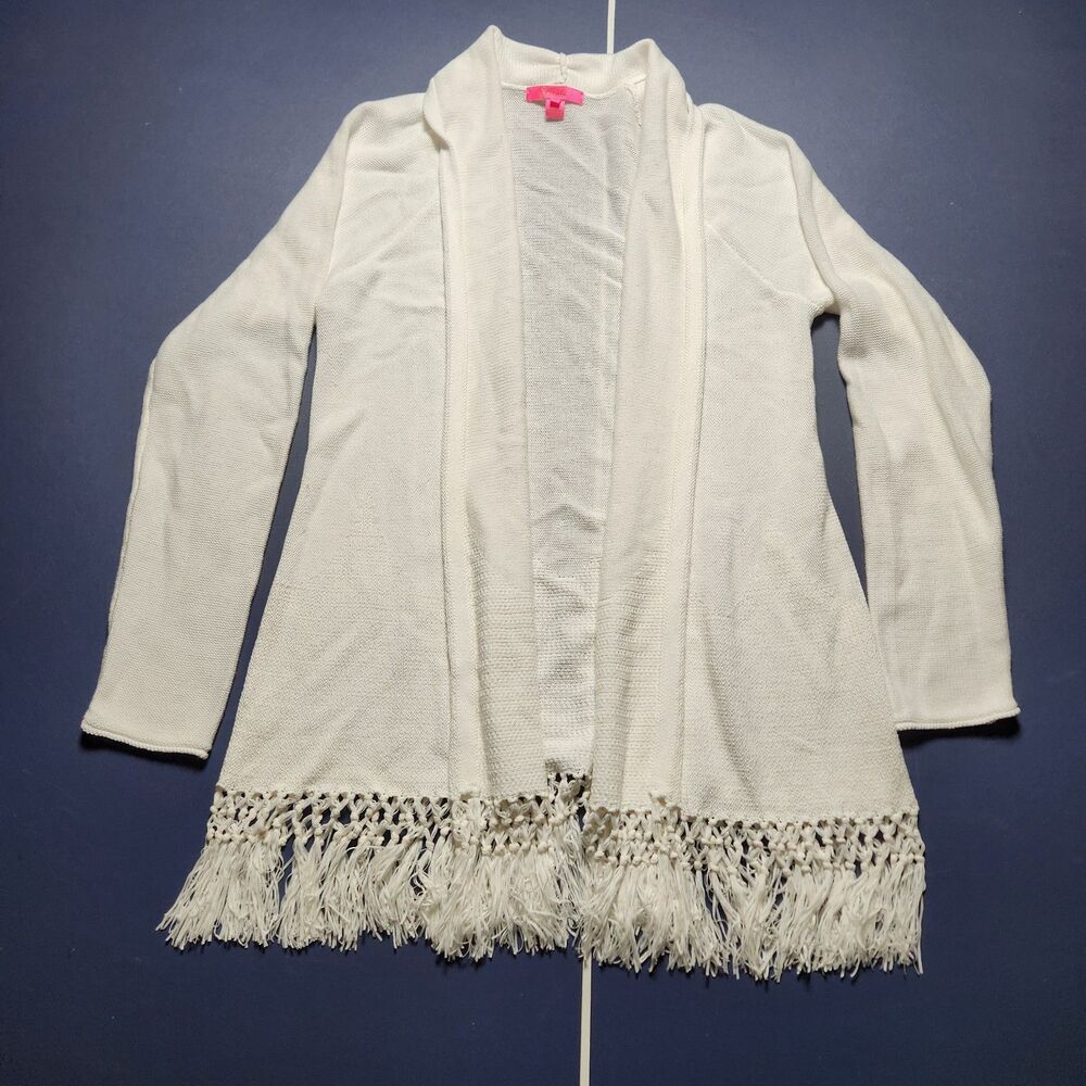 Lilly Pulitzer Womens XL Tatum Cotton Lightweight Knit Fringe Cardigan White